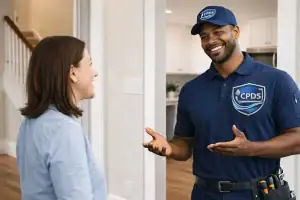 Plumber in blue uniform talking with a woman at her home
