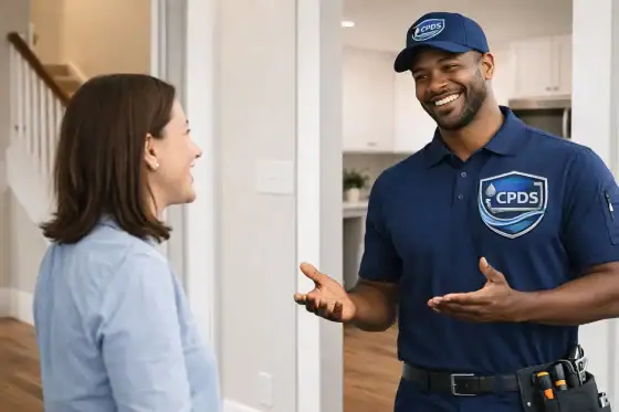 Plumber in blue uniform talking with a woman at her home.